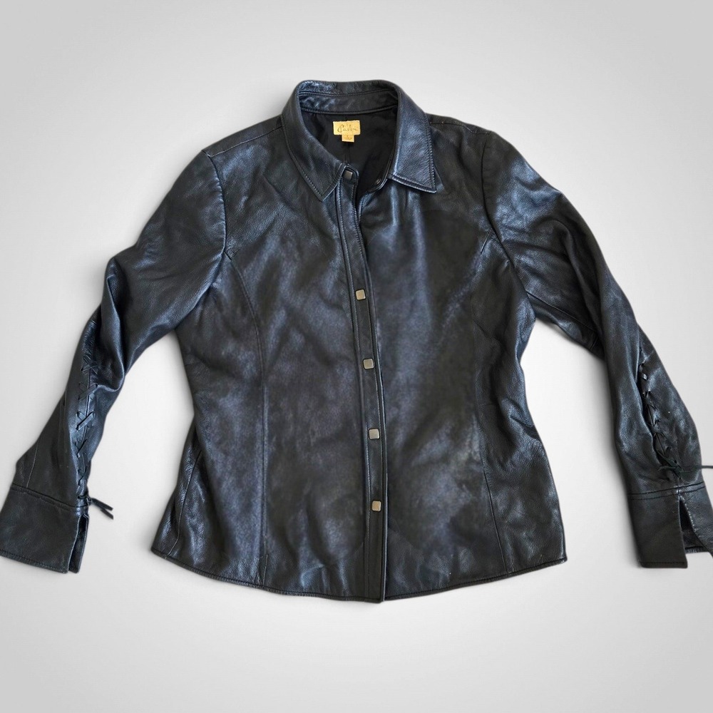Caslon Black Genuine Leather Jacket Women L Lace Up Sleeve Y2K Moto Jacket